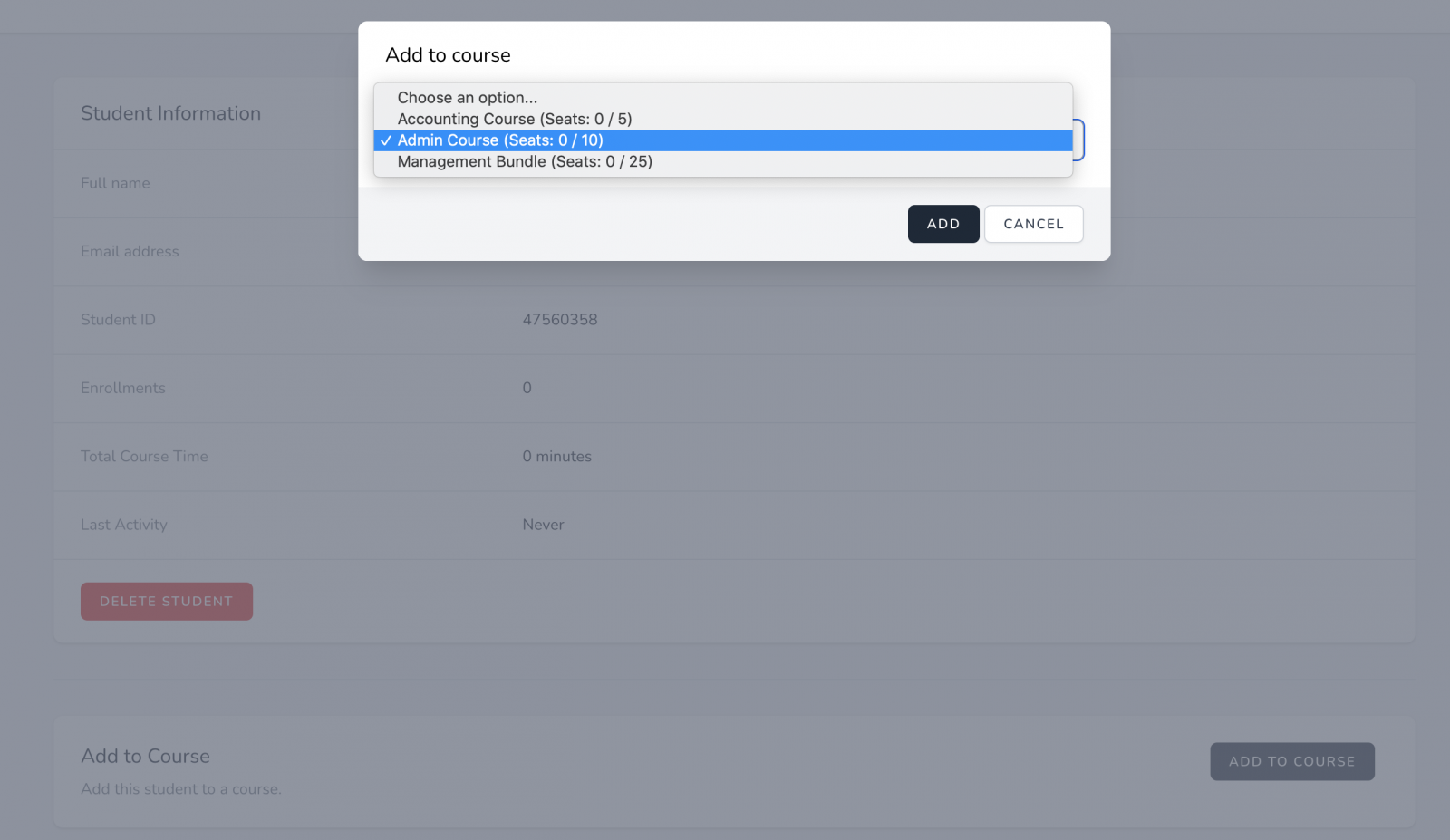 How do I add a B2B student in Thinkific? 6 thinkific b2b add to course modal
